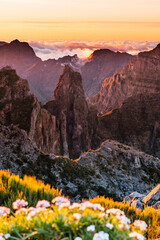 Sunset view over Maderia Pico Ruivo, mountains landscape and nature scenic view.
