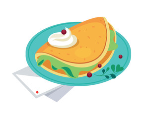 Pancake with Whipped Cream and Berry on Plate as Tasty Breakfast or Brunch with Typical Food Vector Illustration