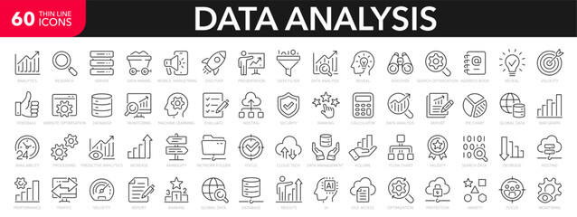 Data analysis line icons set. Analytics, server, mining, data filter, traffic, AI, hosting, monitoring. Statistics and analytics outline icons collection. - stock vector. - obrazy, fototapety, plakaty