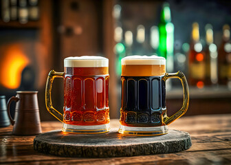 Fresh natural beer. Two glasses of light and dark beer with foam on a wooden bar counter against a blurry interior background. Generative ai