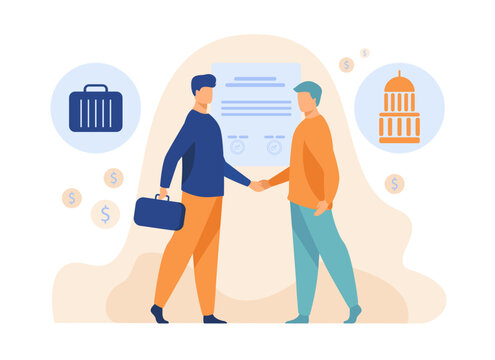 Public and private sectors partnership vector illustration. Male characters shaking hands, agreeing on long term contract. Participation of private sector, business, finance concept Generative AI