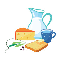 Milk Jug, Cheese and Bread Slice with Butter Slab as Tasty Breakfast or Brunch with Typical Food Vector Illustration