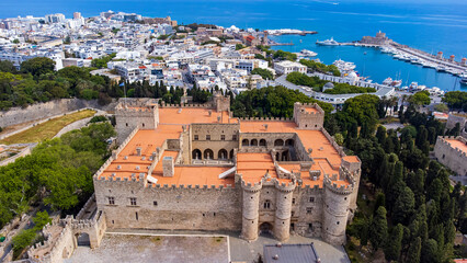 Fototapeta na wymiar Rhodes old town with Palace of the Grand Master aerial panoramic view in Rhodes island in Greece