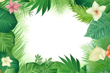 Summer Frame or Border with tropical palm leaves and flowers on white background generative AI