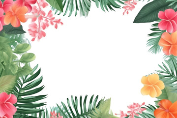 Fototapeta na wymiar Summer Frame or Border with tropical palm leaves and flowers on white background generative AI