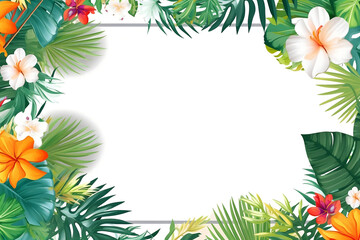 Fototapeta na wymiar Summer Frame or Border with tropical palm leaves and flowers on white background generative AI