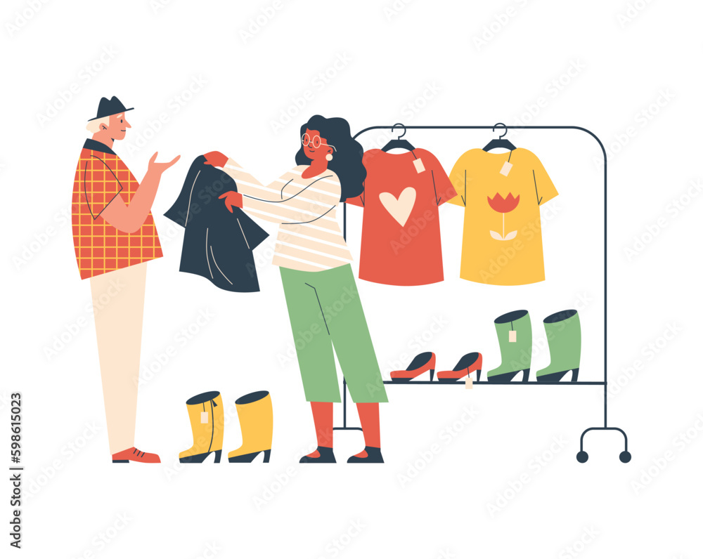 Wall mural man buying second hand clothes at flea market, flat vector illustration isolated on white background