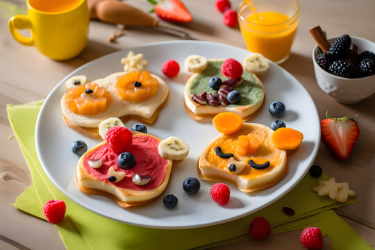 children's breakfast plate, healthy food concept, creative, food art. Generative AI