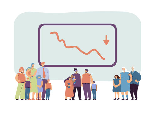 Demographic decline chart vector illustration. Extended families with many children and nuclear families from different times on white background. Demographic shift, population concept Generative AI