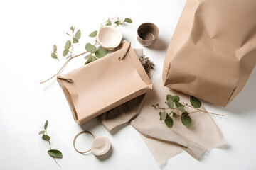 Eco-friendly dishes and paper bag on a white background, eco activism, generative AI