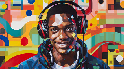 Portrait Illustration of an African American Man Listening to Music with Headphones, Painting Style . Generative AI