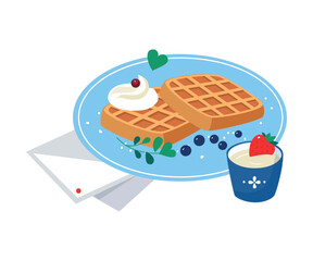 Waffles with Whipped Cream and Berry on Plate as Tasty Breakfast or Brunch with Typical Food Vector Illustration