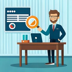 Vector Art: Business Analyst Conducts Market Research, Financial Analysis, SEO Analytics, and Profit Evaluation Using a Magnifying Glass on a Computer Laptop