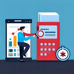 Vector Art: Business Analyst Conducts Market Research, Financial Analysis, SEO Analytics, and Profit Evaluation Using a Magnifying Glass on a Computer Laptop