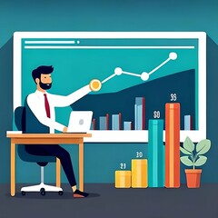 Vector Art: Business Analyst Conducts Market Research, Financial Analysis, SEO Analytics, and Profit Evaluation Using a Magnifying Glass on a Computer Laptop
