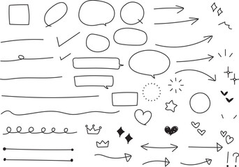 イラスト素材：かわいい手書きのあしらいセット　ベクター　黒　矢印　ふきだし