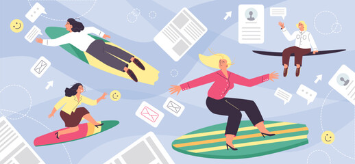 Business people surfing among documents and email symbols vector illustration.