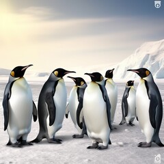 Fototapeta premium group of emperor penguins in the antarctic, sunset, illustration, generative ai