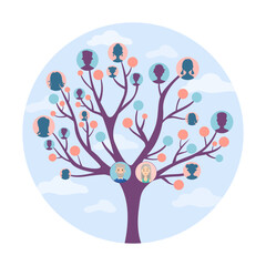 Big family tree with many relatives vector illustration. Cartoon drawing of circles with faces on branches of tree with different generations or family members. Family concept Generative AI