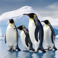 group of emperor penguins in the antarctic, sunset, illustration, generative ai