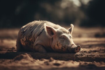 A porcine quadruped lying on the earth. Generative AI - obrazy, fototapety, plakaty