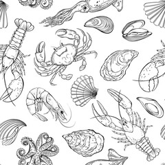  Sea food, delicacies. Seamless vector pattern. Black and white. Perfect for wallpaper, wrapping, fabric and textile.