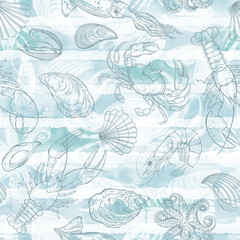 Fototapeta na wymiar Sea food. Seamless vector pattern on blue watercolor background. Templates for menu design, packaging, restaurants and catering. Perfect for wallpaper, wrapping, fabric and textile.