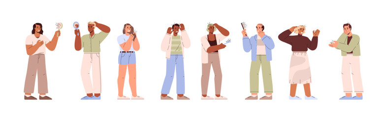 Set of people suffering from alopecia sickness, flat vector illustration isolated on white background.