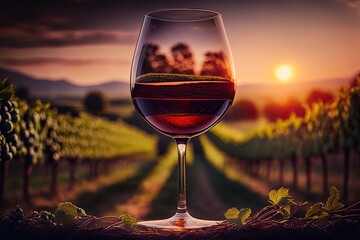 Relaxing moment with a glass of rosé wine at sunset in a European vineyard. Ai generated.