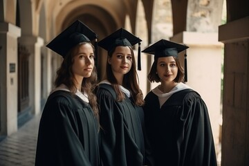 Three satisfied and happy friends after obtaining their degree, wearing the traditional graduate outfit with their mortarboard. Ai generated.