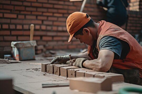 Latino workers are employed as masons in the construction of American houses. Ai generated.