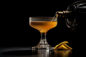 A sophisticated sidecar cocktail with cognac, liqueur, and lemon juice on a black background. Generative AI