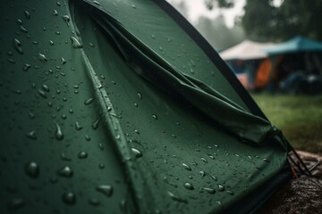 Rain on green tent tested its waterproof fabric with dewdrops, perfect for tourism. Generative AI