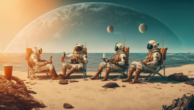 A group of astronauts relax with a drink on an exoplanet, generative ai