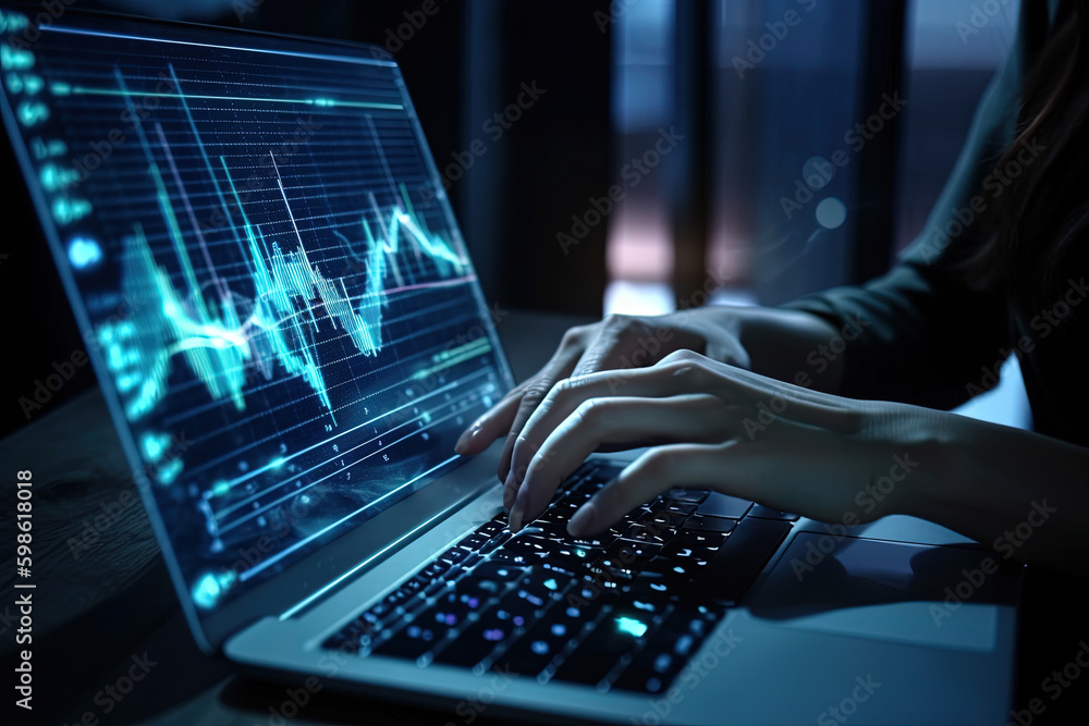 Poster close up of hands of woman with watch using laptop with glowing trading index graph on blue dark bac