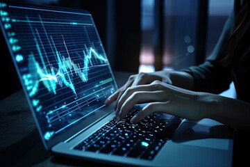 Close up of hands of woman with watch using laptop with glowing trading index graph on blue dark background, created with Generative AI