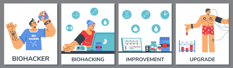 Biohacking health upgrade and lifestyle improvement, flat vector illustration.