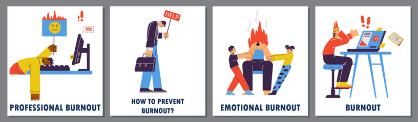 Professional and emotional burnout banners or posters flat vector illustration.