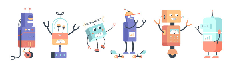 Naklejka premium Robots and chatbots cute childish characters or mascots flat vector isolated.