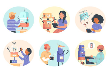 Stickers or banners with children learn robotics, flat vector isolated.