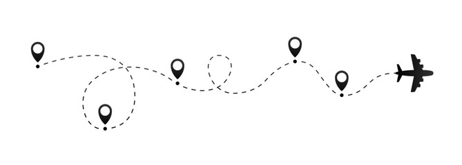 Fototapeta na wymiar Flat flight path. Stopover travel. The path to the location on the plane. Tourist path, flight route. Vector illustration. Generative AI