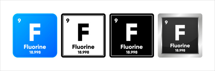 Fluorine chemical element with 9 atomic number, atomic mass and electronegativity values. Periodic table concept. Logo in four design. Simple black, realistic and color logo. Vector Generative AI