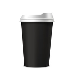 Vector isolated realistic coffee cup. Black tea mug image for sign or logo. Object for cappuccino or espresso, latte and mocha. Portable takeout or takeaway beverage container with cap. Coffeehouse