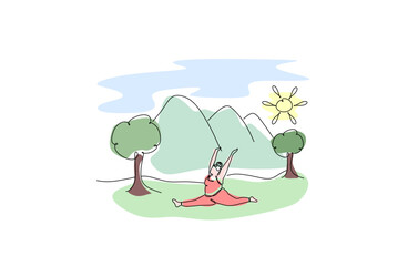 Plus size and body positivity woman doing yoga on nature background