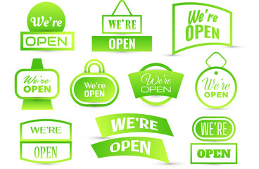We Are Open, Text Collection for Sticker, Flyer, Header, Banner, Advertisement, and Announcement