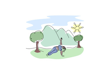 Plus size and body positivity woman doing yoga on nature background