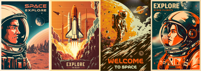 Space explore set flyers colorful Generative AI