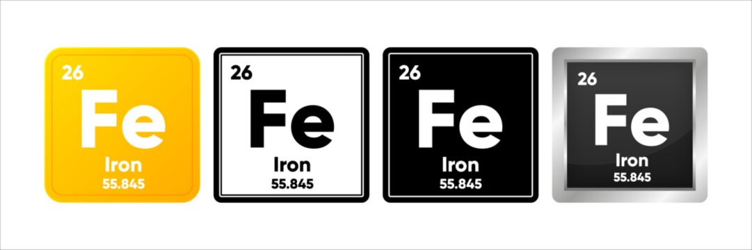 Iron chemical element with 26 atomic number, atomic mass and electronegativity values. Periodic table concept. Logo in four design. Simple black, realistic and color logo. Vector Generative AI