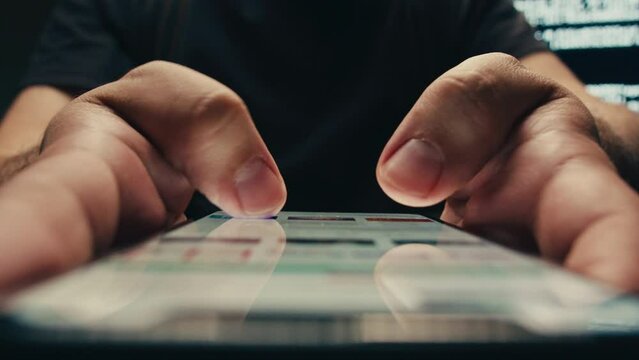 Man chatting online on phone smartphone macro close up, typing text message, touching touchscreen keyboard, using messenger application. Person holding mobile phone, close up, swiping Generative AI