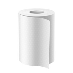 Vertical roll of paper towel. Vector close or mock up for kitchen and bathroom, restroom. Blank wipe scroll or napkin cylinder. Hygiene tissue for hands. Domestic product. Sanitary and hygienic theme.
